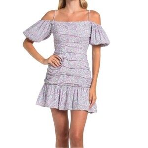 NWT ASTR Ruched Off Shoulder Mini Dress Blue Pink Cottage Floral Size Medium NEW